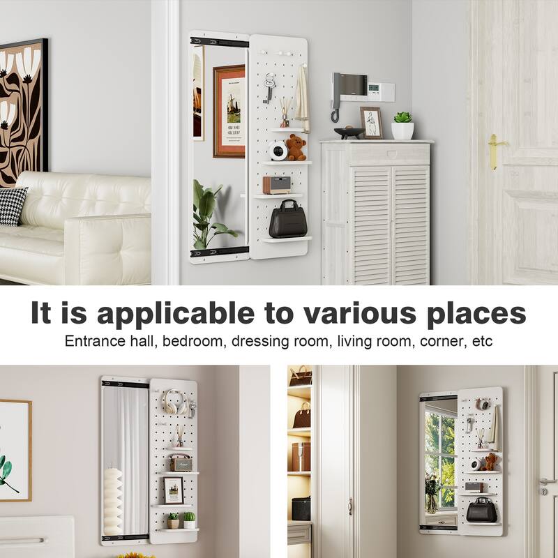 Wall Mounted Full Length Mirror with Shelf and Hook Wall Mounted Mirror with Multifunctional Design Panel(47.6*15.7in)