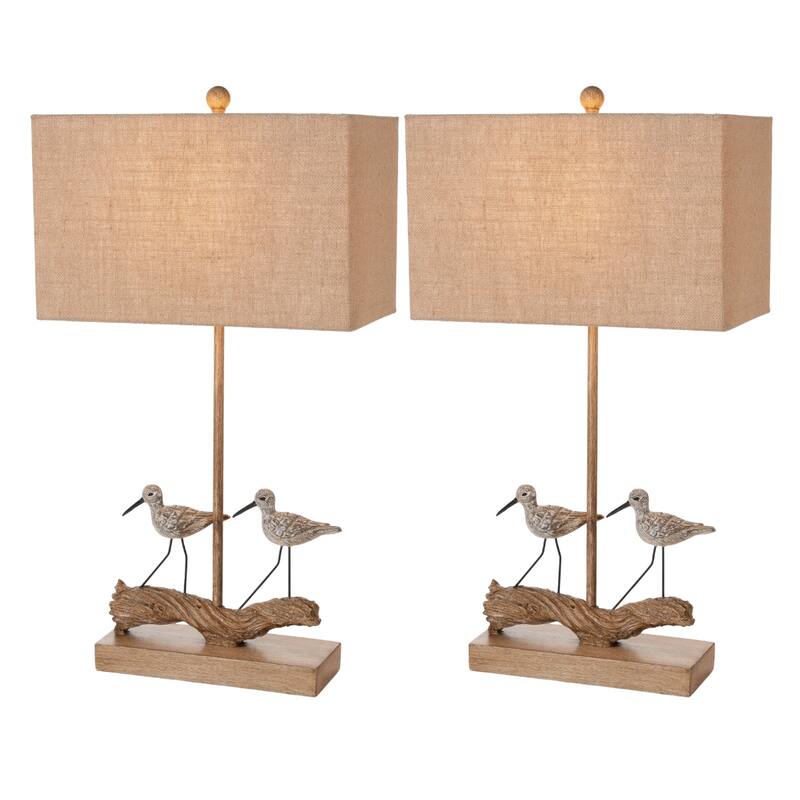30-Inch Set of 2 Brown Coastal Bird Table Lamps with Linen Shade and Driftwood Base 3-Way Switch - 29.75”H x 11.5”W x 4.75”D