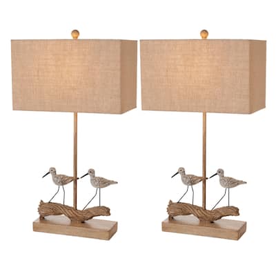 30-Inch Set of 2 Brown Coastal Bird Table Lamps with Linen Shade and Driftwood Base 3-Way Switch - 29.75”H x 11.5”W x 4.75”D