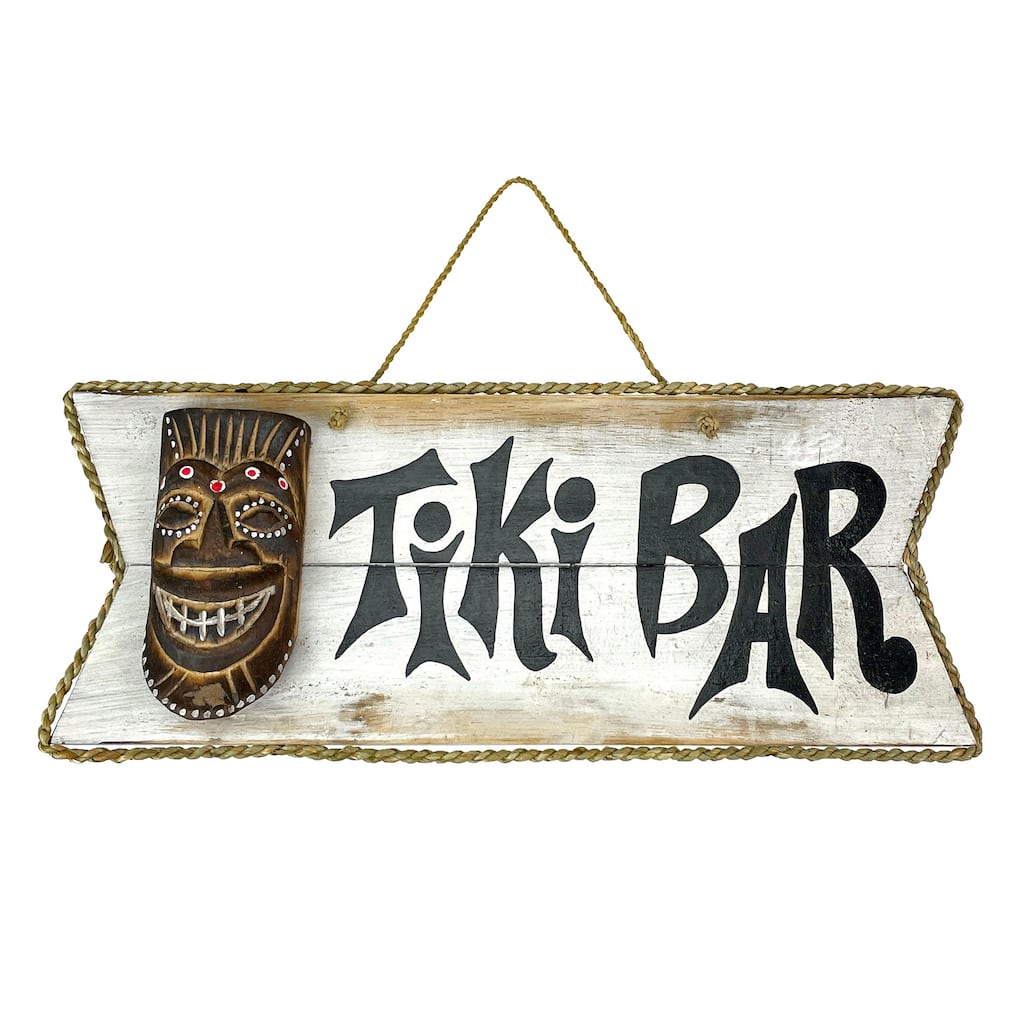 Hand Painted Rustic Tiki Bar Sign Carved Mask Rope Hanging 16X7