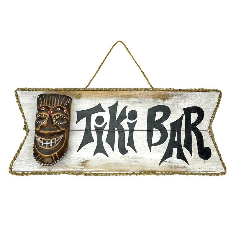 Hand Painted Rustic Tiki Bar Sign Carved Mask Rope Hanging 16X7