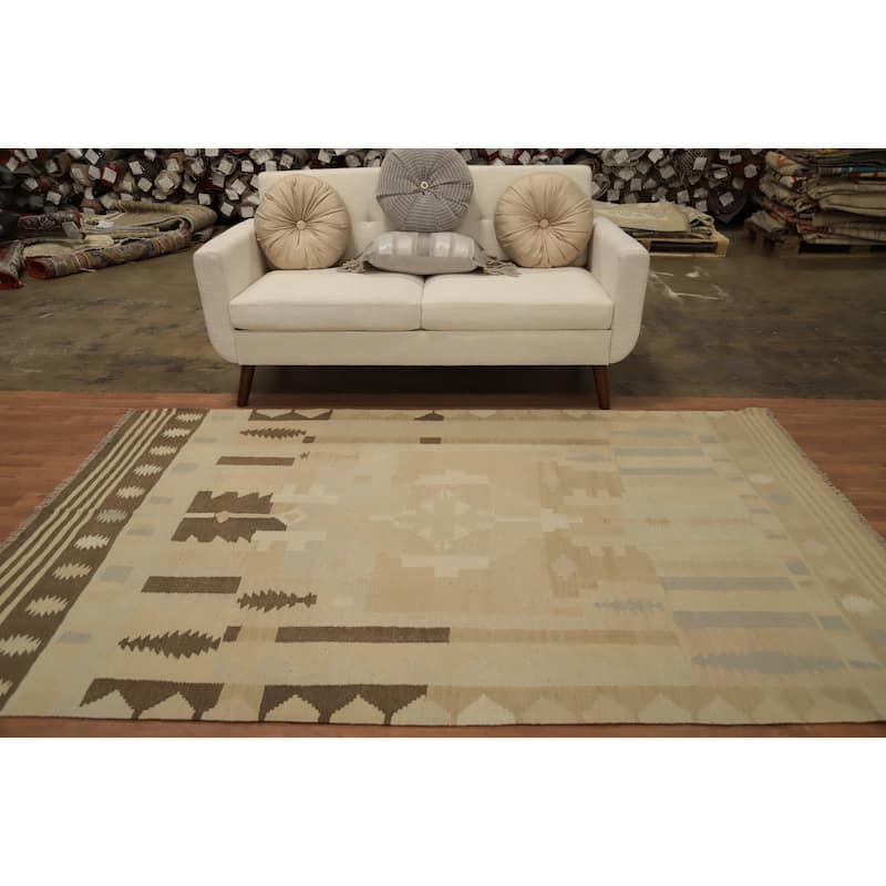 Hand Woven Oriental 100% Wool Carpet Southwestern Tribal Beige & Ivories Kilim Area Rug - 8' 0'' X 5' 0''
