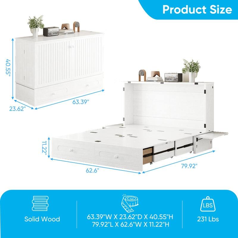 Mixoy Queen Murphy Bed Chest with Charging Station and Storage Drawer,No Mattress