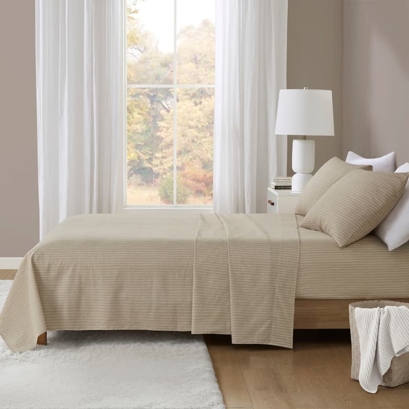 Madison Park Cozy Cotton Flannel Printed Sheet Set - Cal King - Beige/White Stripes