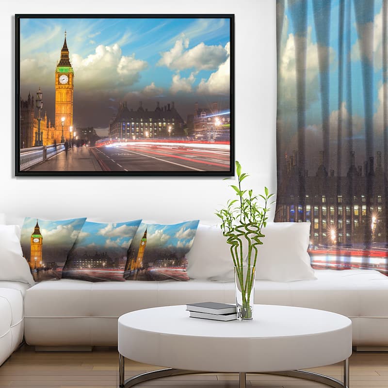 Designart "Big Ben UK from Westminster Bridge" Large Cityscape Photo Framed Canvas Print