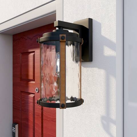 1-Light Black Outdoor Cylinder Wall Sconce with Clear Water Glass