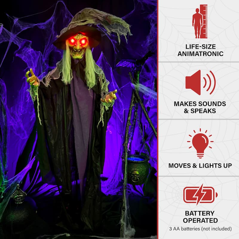 Haunted Hill Farm 6.9-Ft. Poseable Talking Witch with Red Eyes