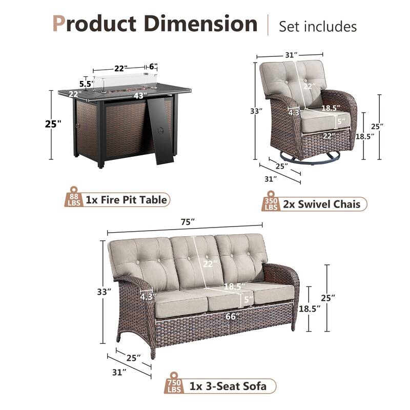Pocassy Outdoor 43 In Fire Table with Sofa Swivel Chair Set