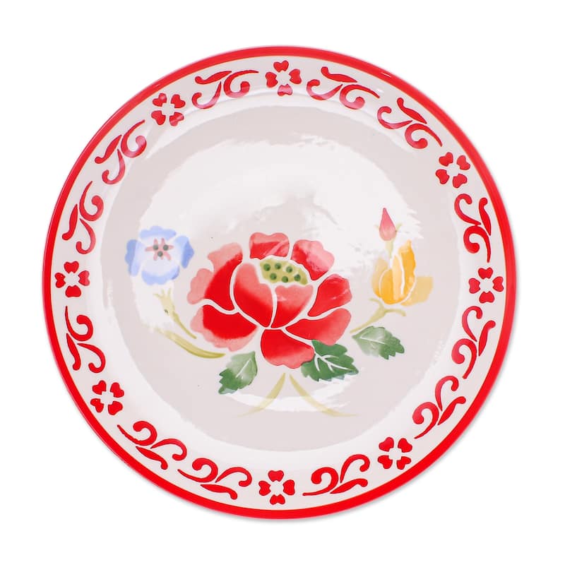 Novica Handmade Poppy Garden In Red Ceramic Dinner Plate