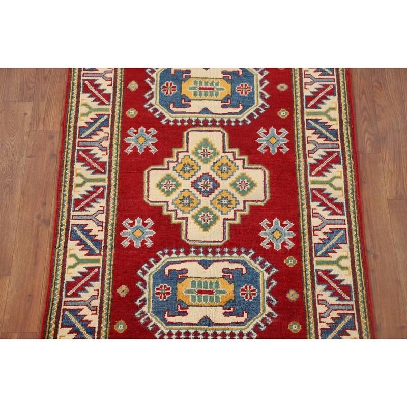 Geometric Red Kazak Foyer Rug Hand-Knotted Wool Carpet - 2'8" x 4'1"