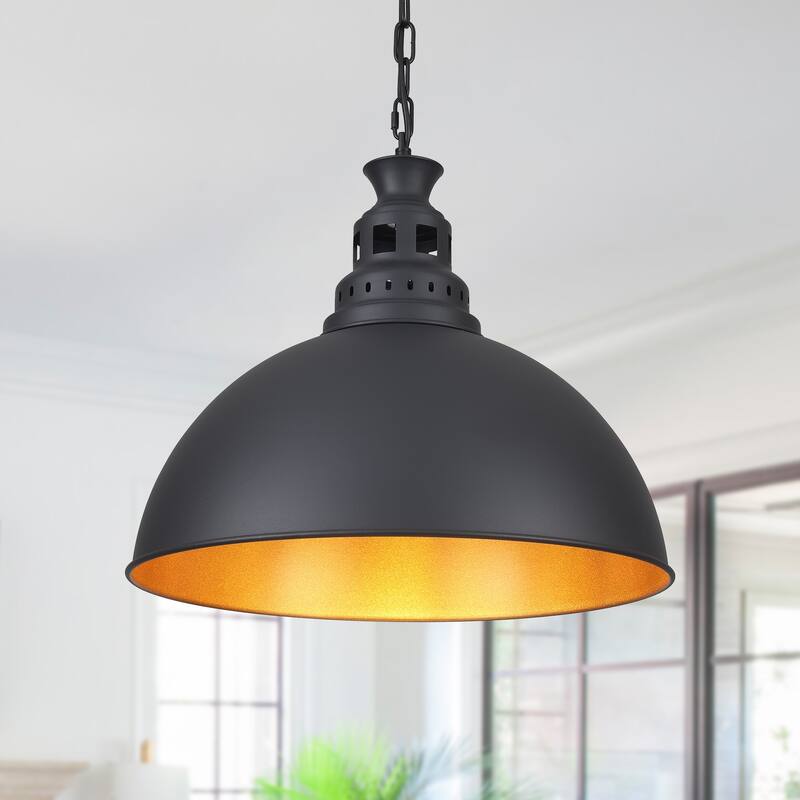 Stylish and minimalist single-light gray metal pendant lamp with an arched metal lampshade - Black