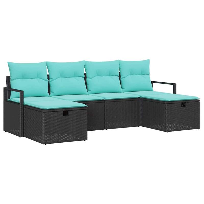 vidaXL 6 Piece Garden Sofa Set with Cushions Black Poly Rattan - 90.6×46.1×27.2