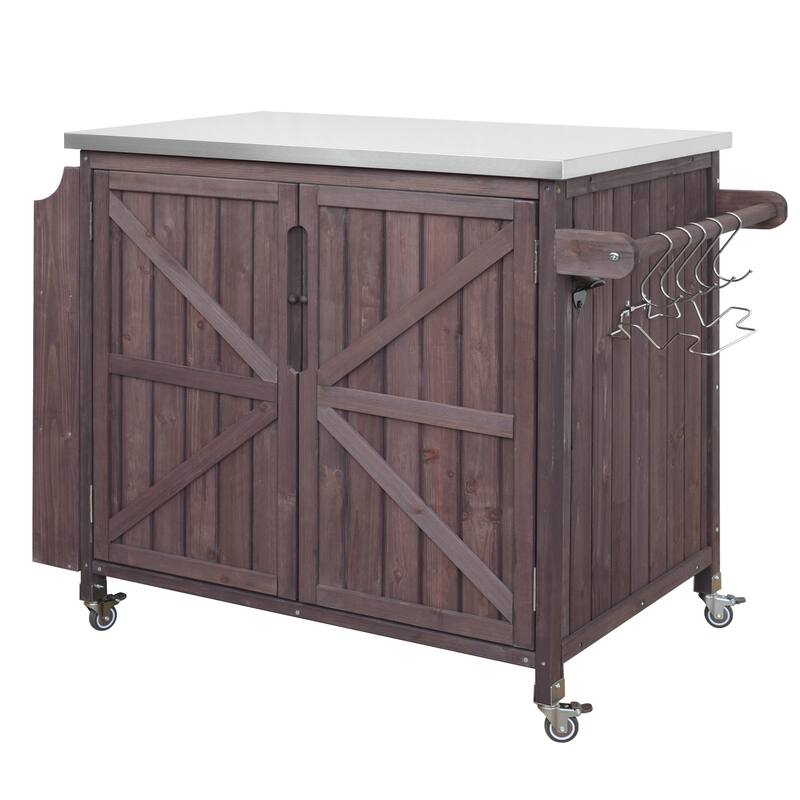 42 Inch Outdoor Kitchen Island Fir Wood Cabinet Stainless Steel Top with Shelf