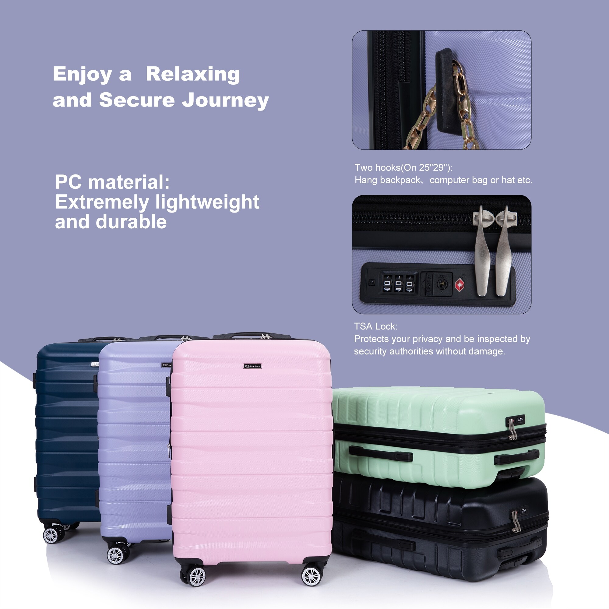 3 Piece Luggage Sets w Double Spinner Wheels Suitcase Set Light Purple Bed Bath Beyond 39063524