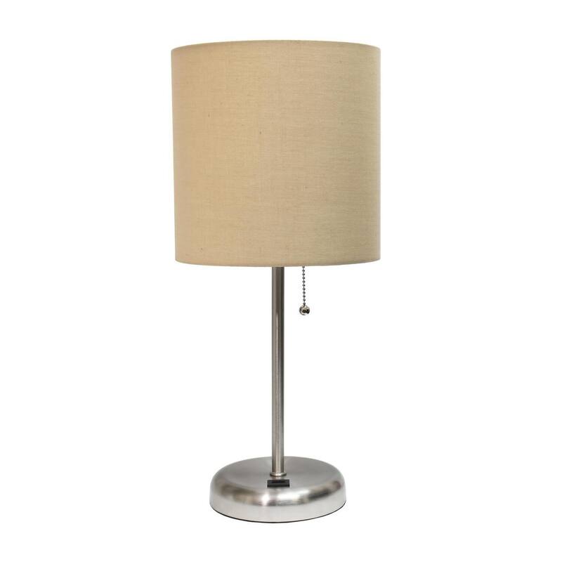 19.5 in. Brushed Steel Finish Table Lamp with Beige Shade, Durable Stick Lamp for End/Side Tables