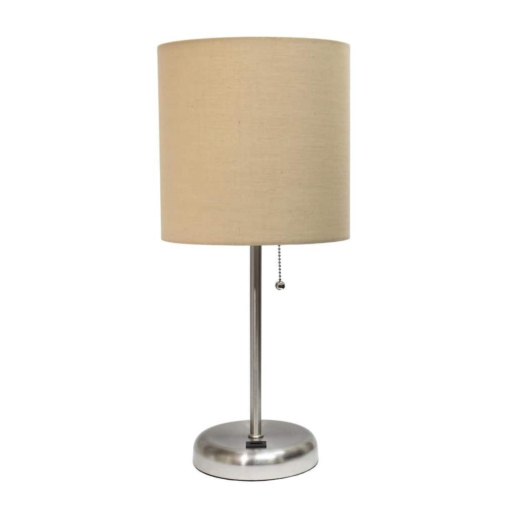 19.5 in. Brushed Steel Finish Table Lamp with Beige Shade, Durable Stick Lamp for End/Side Tables