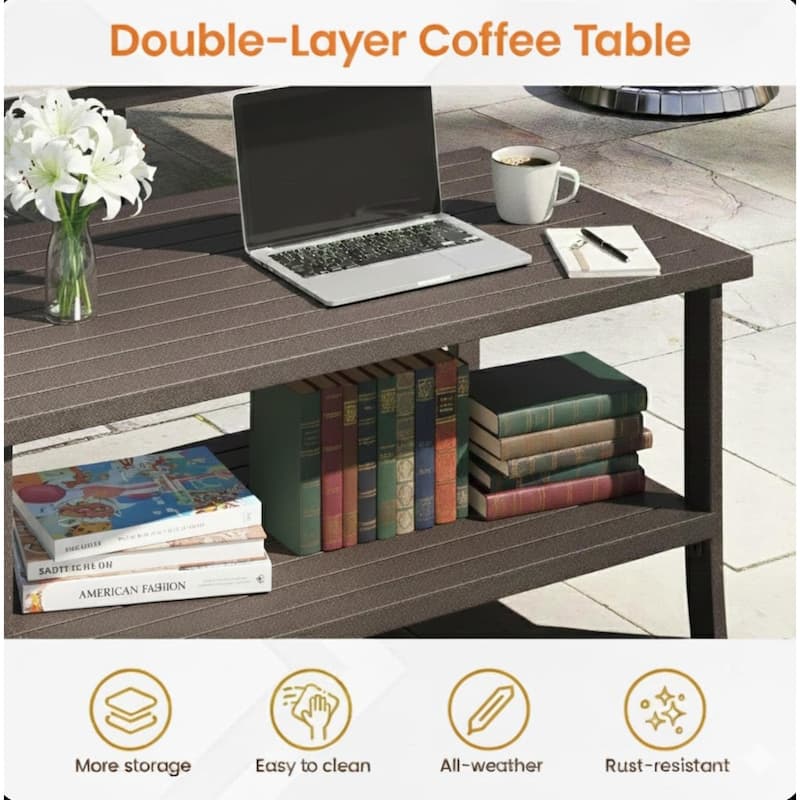 37x21" Brown Rectangular Metal Coffee Table, 2-Tier