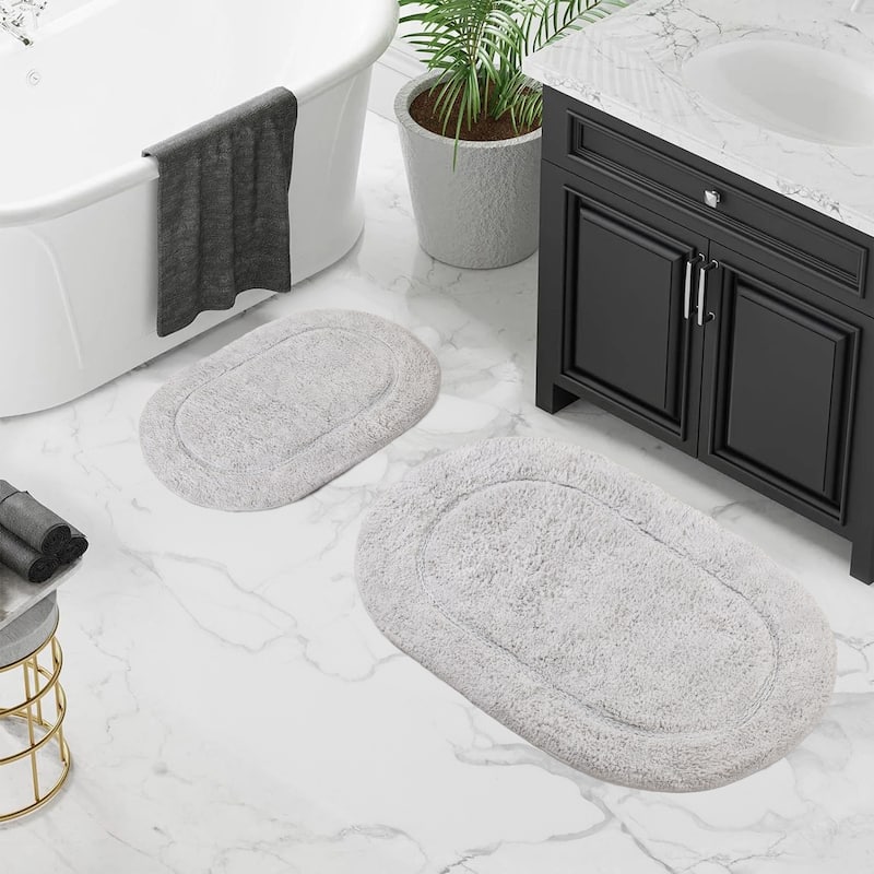Superior Cotton Non-slip Oval Bath Rug - (Set of 2) - Silver