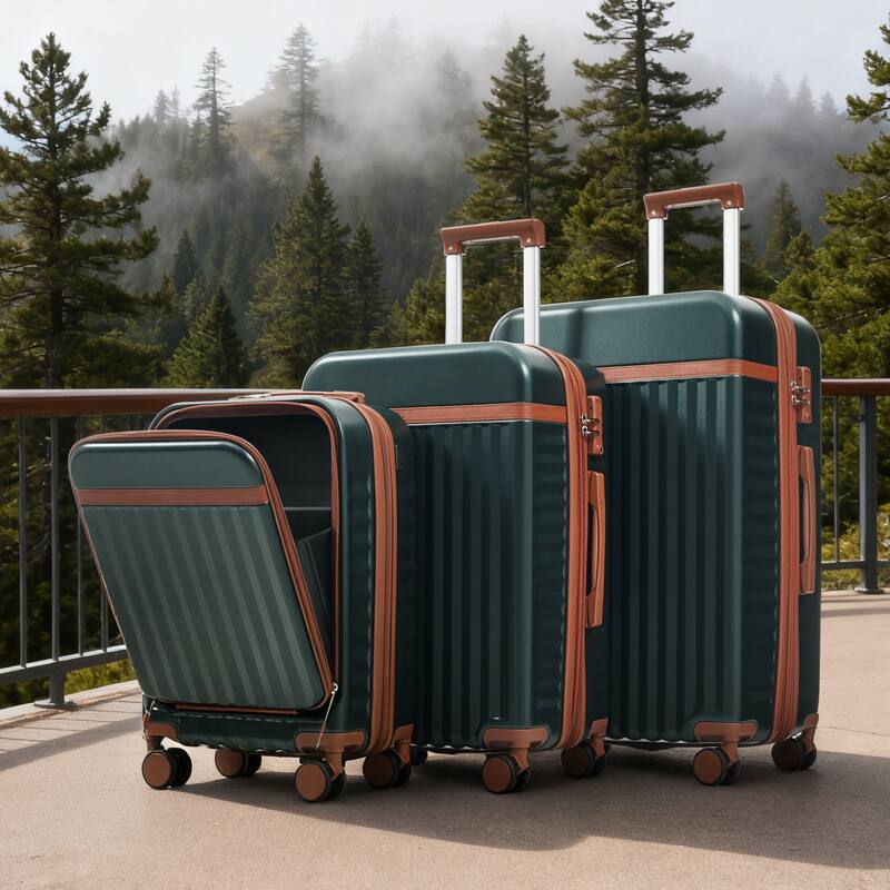 3-Piece, Modern Front-opening Luggage with USB Port and Spinner Wheels, for Boarding Travel, Dark Green