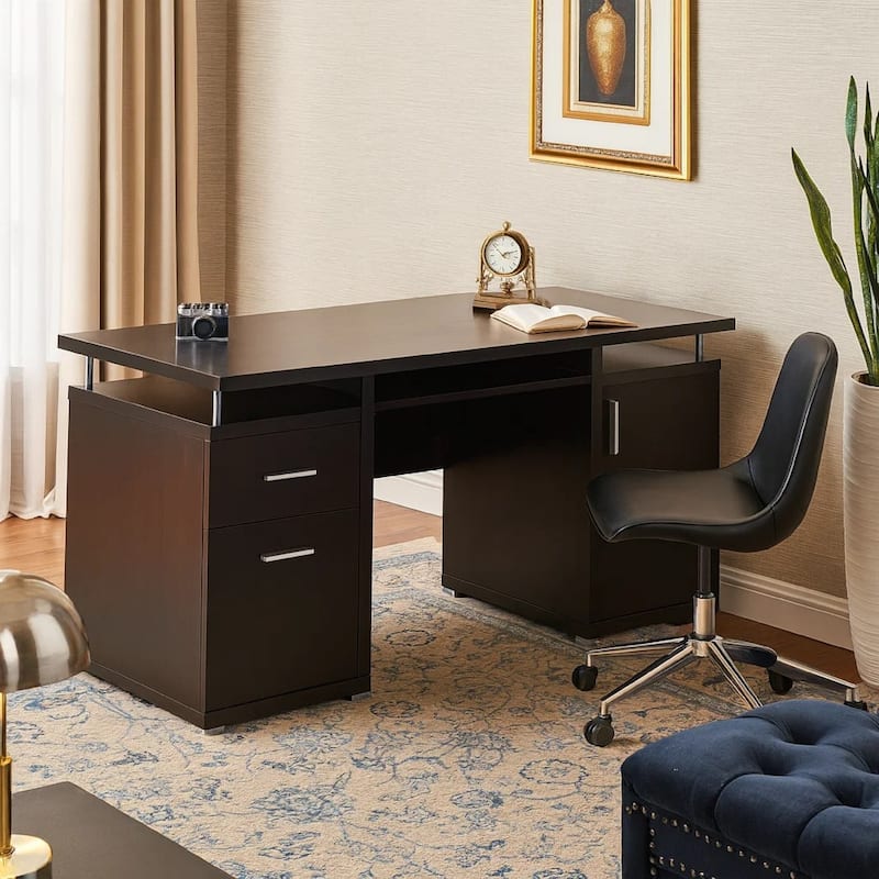 Luxurious Computer Desk with 2 Drawers and Cabinet, Brown