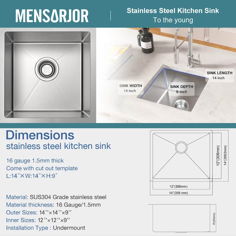 Undermount 16 Gauge Stainless Steel Single Bowl 14 x 14 x 9 Bar Sink,