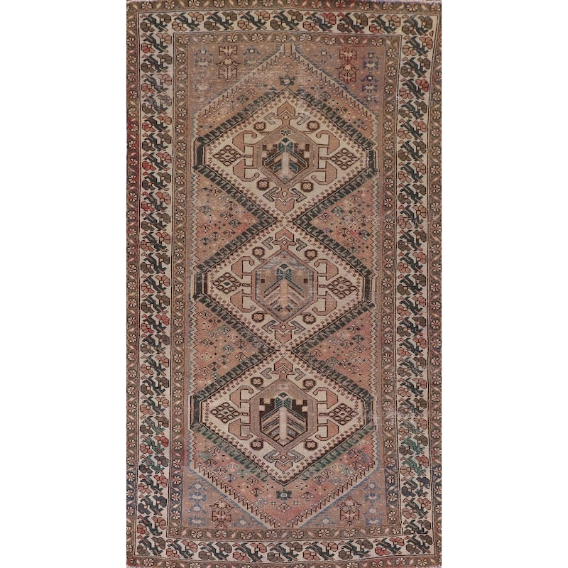Tribal Distressed Bakhtiari Persian Antique Rug Handmade Wool Carpet - 5'2" x 9'11"