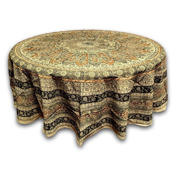 Vegetable Dye Floral Block Print Tablecloth Cotton Green Rectangle Square Round Linen