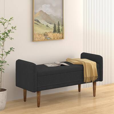 Black Modern 16.75" Upholstered Stool with Storage and Rubber Wood Legs for Living Room