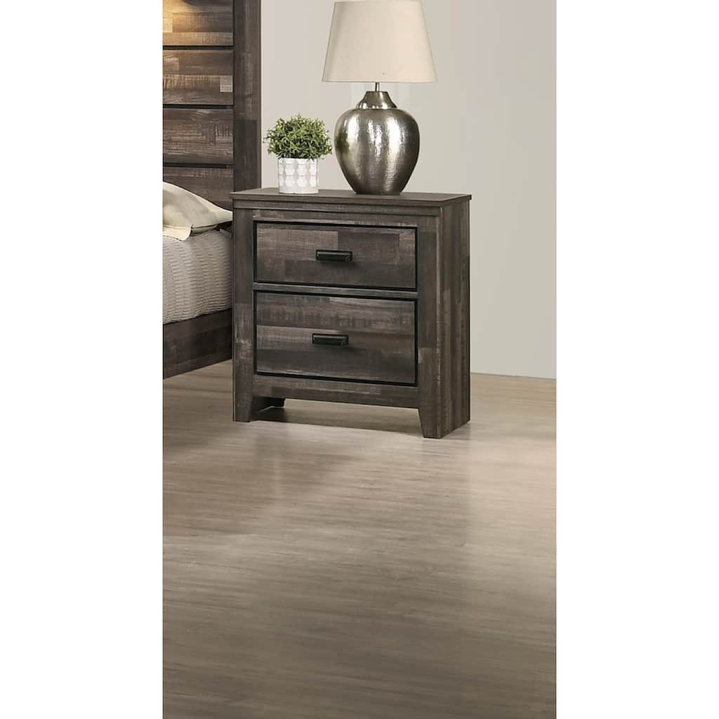 Brown Two-Drawer Nightstand with Black Metal Handles