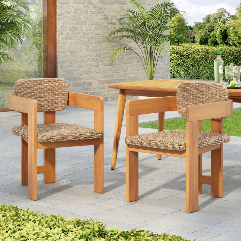 Christopher Knight Home - Outdoor Acacia Wood Dining Chairs with Handwoven Rattan Seat & Back - Set of 2 - Light Brown,Teak