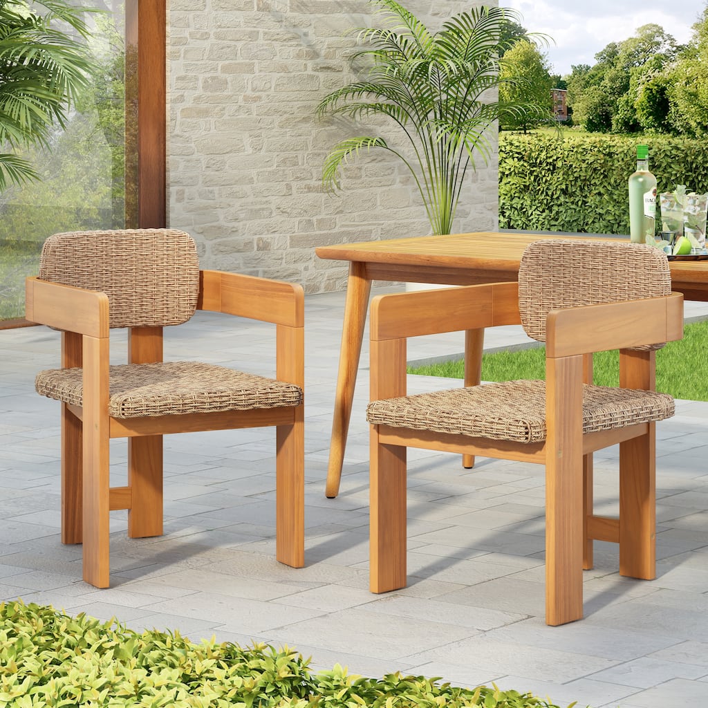 Christopher Knight Home - Outdoor Acacia Wood Dining Chairs with Handwoven Rattan Seat & Back - Set of 2