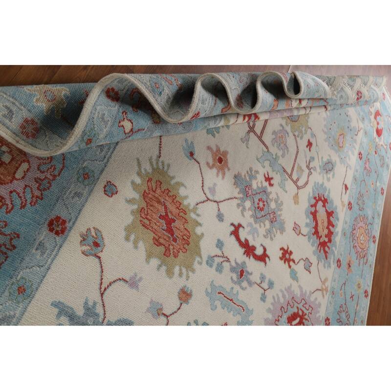 Floral Ivory Oushak Oriental Area Rug Hand-Knotted Wool Carpet - 9'1"x 12'0"