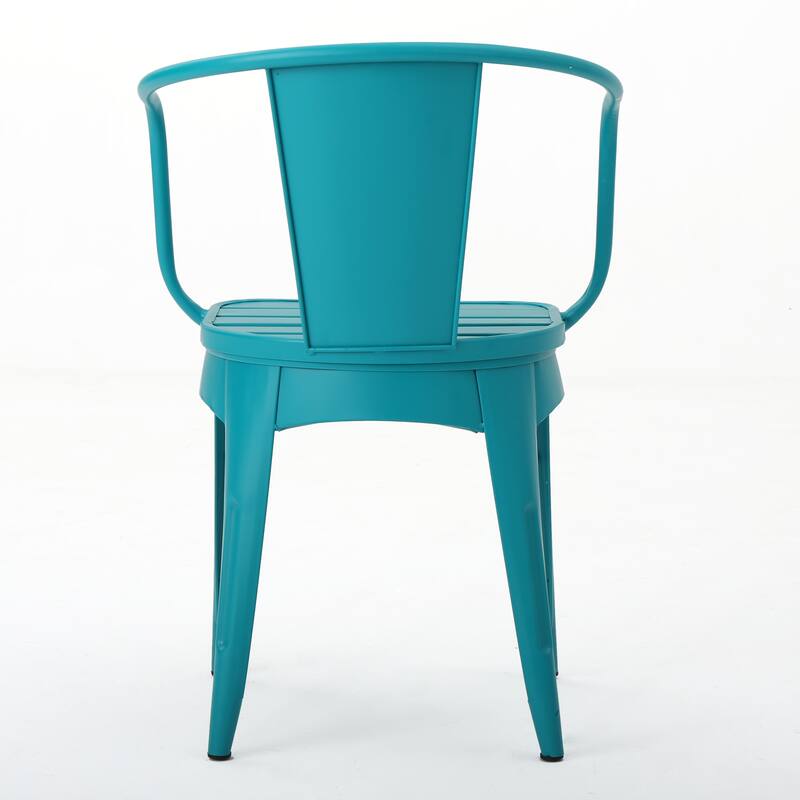 Modern 3-Piece Powder-Coated Iron Bistro Set with Round Slatted Table and Stackable Armchairs for Compact Outdoor Spaces