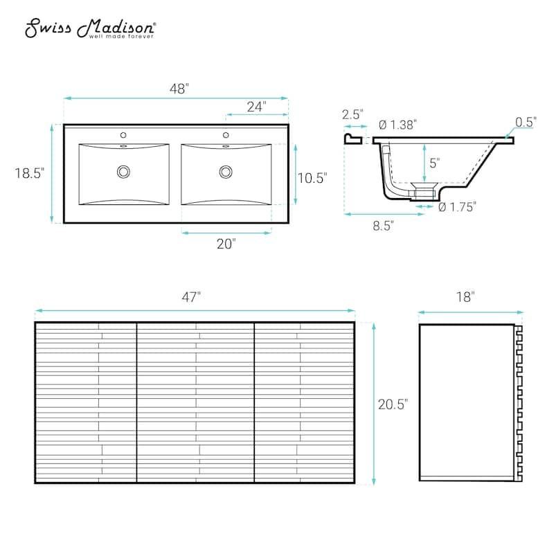 Cascade 48" Wall-Mounted Bathroom Vanity In Natural Oak With Double Basin Sink Top - 48