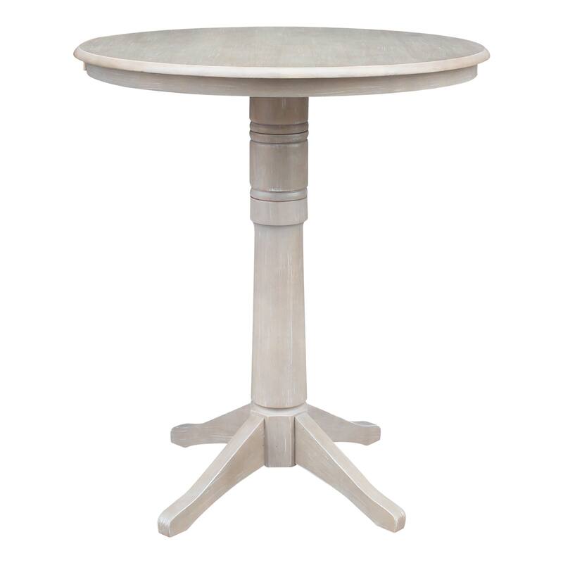 Round Top 36" x 36" Solid Wood Pedestal Table in Washed Gray Taupe - Washed Gray Taupe Bar Height