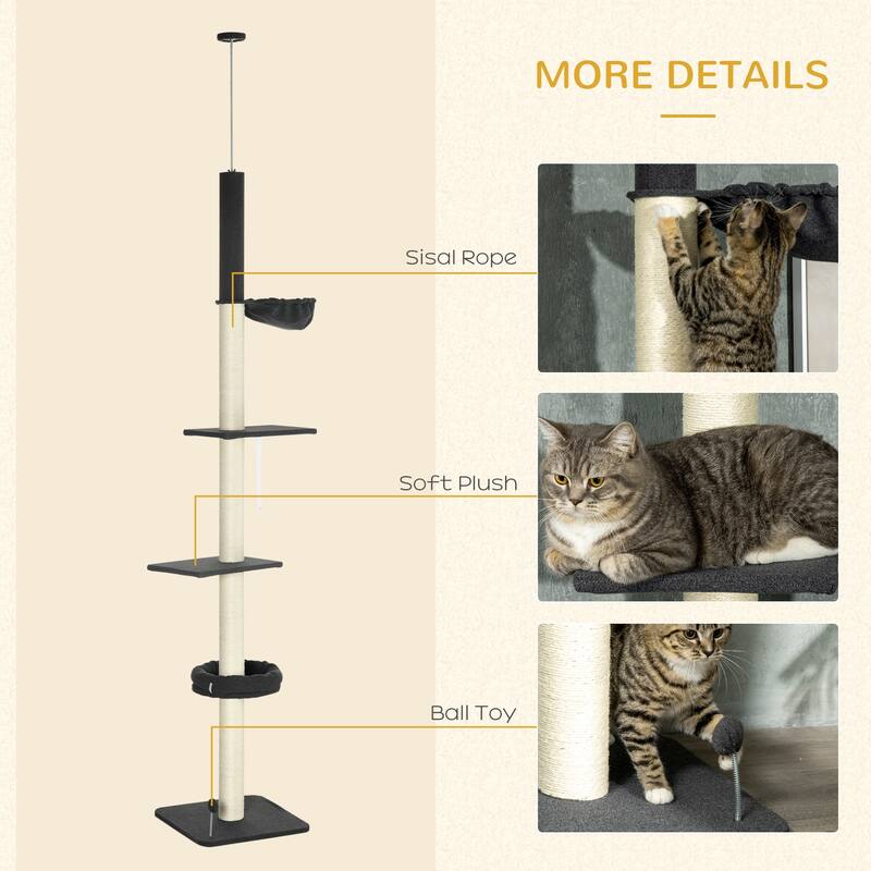94"-106" Adjustable Cat Tree Tower with Hammock, Bed & Sisal Posts - 17.75" L x 17.75" W x 94.5" -106.25" H