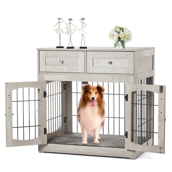 DAWNYIELD Dog Crate For Large Dog, Furniture Style Pet Crate With Sliding Doors, Wooden Indoor Dog Kennel Side Table With Drawer, Lockable Dog House