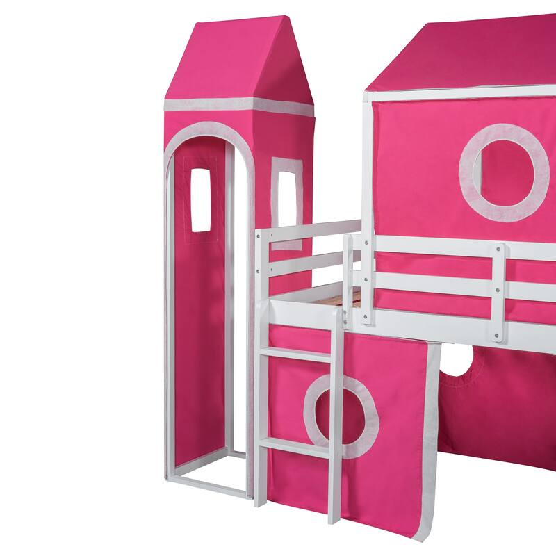 Twin/Full Size Wooden Playhouse Loft Bed with Tent and Tower, Solid Pinewood Low Loftbed Frame with Slide and Ladder