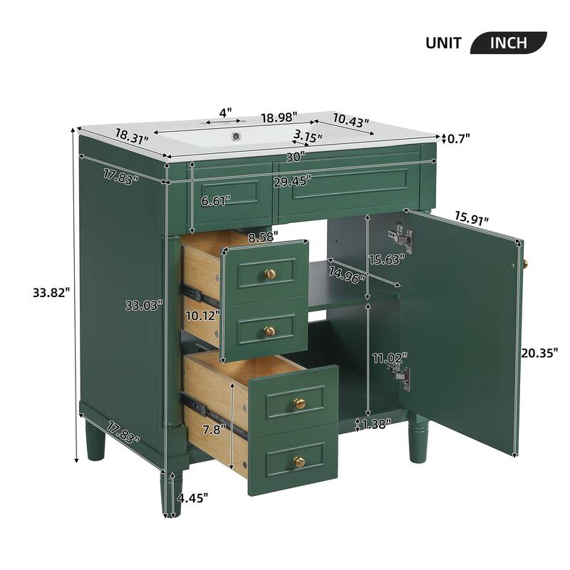 GDFStudio - Briarton Modern Freestanding Bathroom Vanity with Ceramic Sink and 2 Storage Drawers & Soft-Closing Door - 30'W