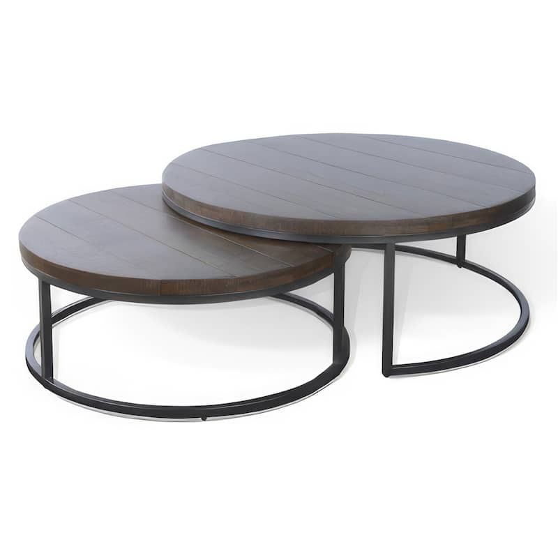 Rena 2 Piece Nesting Coffee Tables, Dark Brown Mahogany, Black Metal