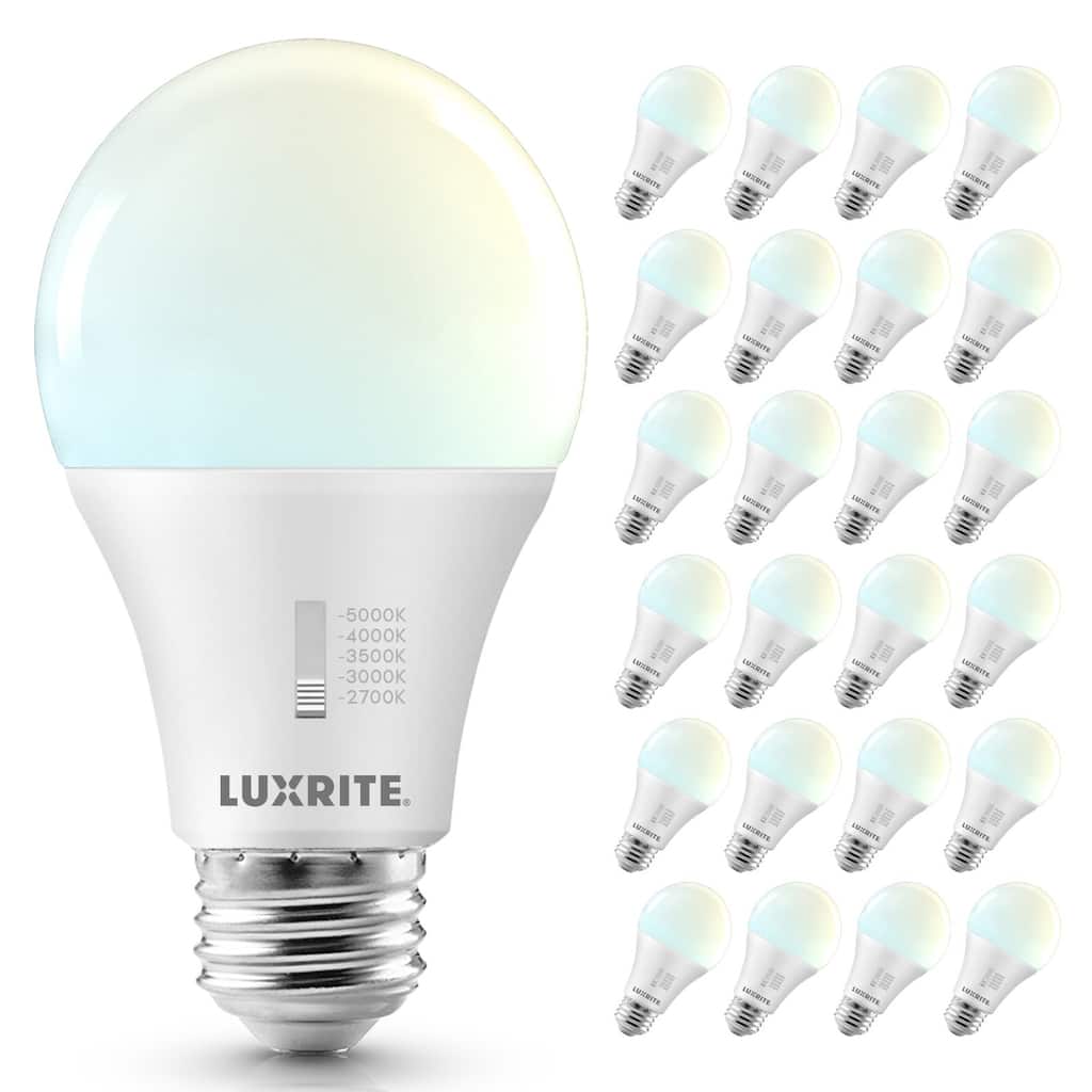 Luxrite A19 LED Light Bulb Dimmable 15W=100W CRI90 5CCT 1600 Lumens E26 Base Title CA20 ETL 24 Pack