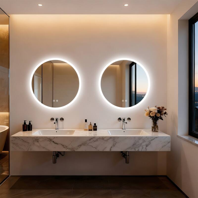 Backlit Round LED Lighted Bathroom Mirror Smart Touch Anti-Fog Wall Makeup Mirror with Aluminum Frame