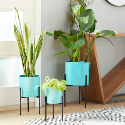 Yellow or Teal Metal Indoor Outdoor Planter with Removable Stand (Set of 3) - S/3 12", 14", 18"H