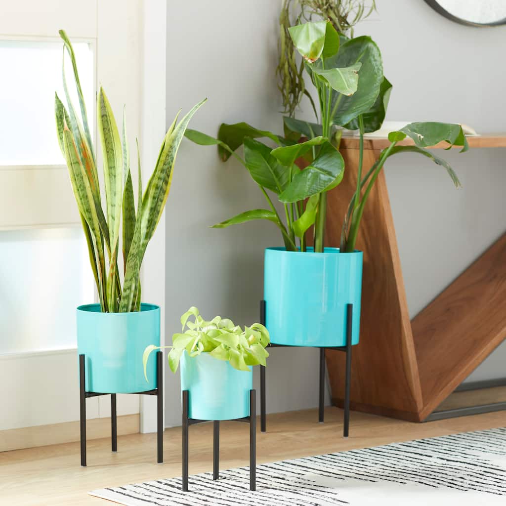 Yellow or Teal Metal Indoor Outdoor Planter with Removable Stand (Set of 3) - S/3 12", 14", 18"H