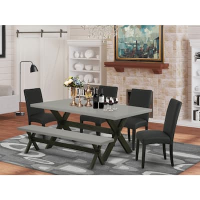 Rococo Romance 6-Piece Dining Set - Black Linen Chairs, Cement Table Top & Bench