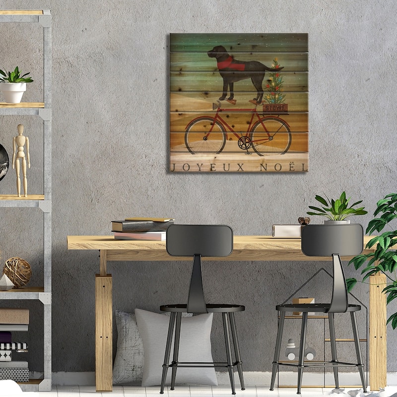 Black Lab on Bike Christmas Print On Wood by Ryan Fowler - Multi-Color