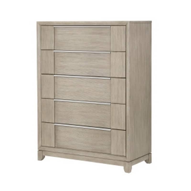 Owen 54 Inch Tall Dresser Chest, 5 Drawers Pewter Handles, Light Beige Wood