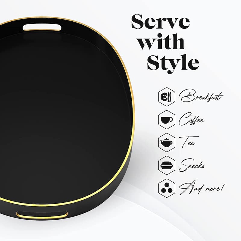 American Atelier Serving Oval Tray with Gold Trimming Handles - 15.3 x 10.6 in