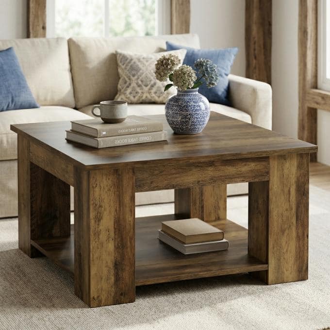 31.49" Square Coffee Table, Wooden Center Table with Storage - Brown