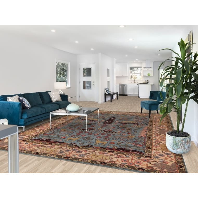 Hunting Animals Blue Ziegler Oriental Area Rug Handmade Wool Carpet - 9'0"x 11'11"